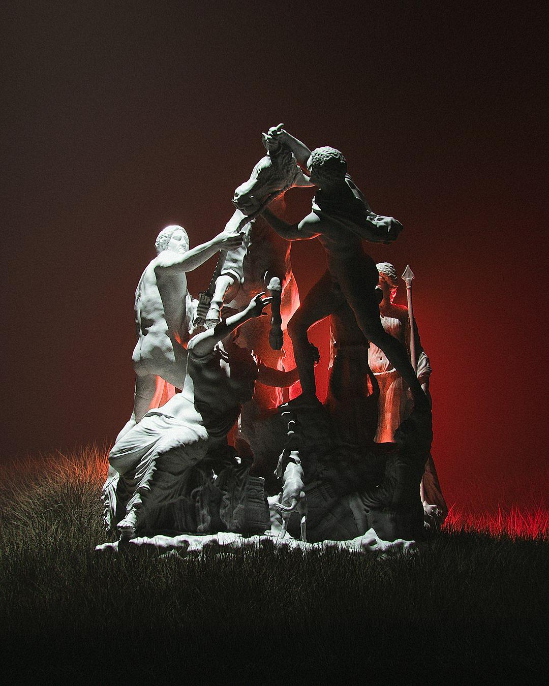 photorealistic nighttime scene depicting several marble statues of people fighting atop one another in a grassy field under a dark sky, illuminated by red rim lighting.