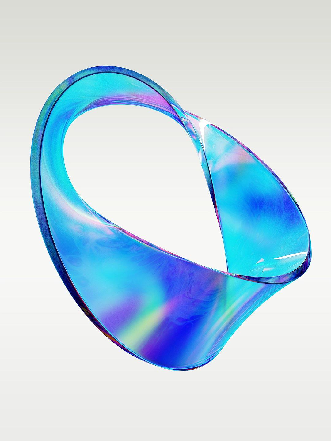 A blue curved glass object with iridescent colors against a white background, in high resolution.