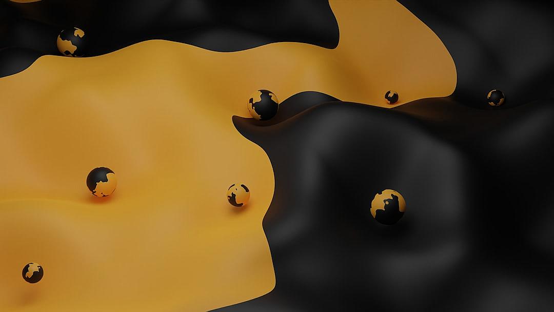 Black and yellow background, simple lines, cartoon style, flat illustration of black spheres on the top right corner, threedimensional oil droplets floating in the air, top view, high angle perspective, with orange waves on one side, minimalist design, 3D rendering, high resolution,