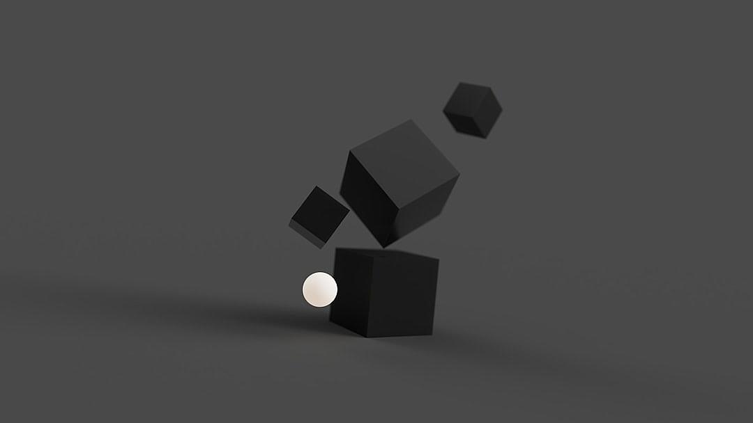 3D rendering of simple geometric shapes in black and white floating in the air on a dark grey background. Minimalist design with a style reminiscent of [Piet Mondrian](https://goo.gl/search?artist%20Piet%20Mondrian).