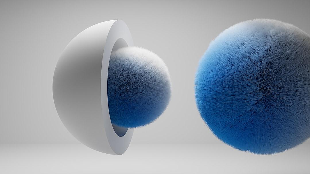 3D render of two blue and white fur spheres forming an abstract shape in the air against a grey background with studio lighting. The spheres appear to be floating in the style of an abstract sculpture.