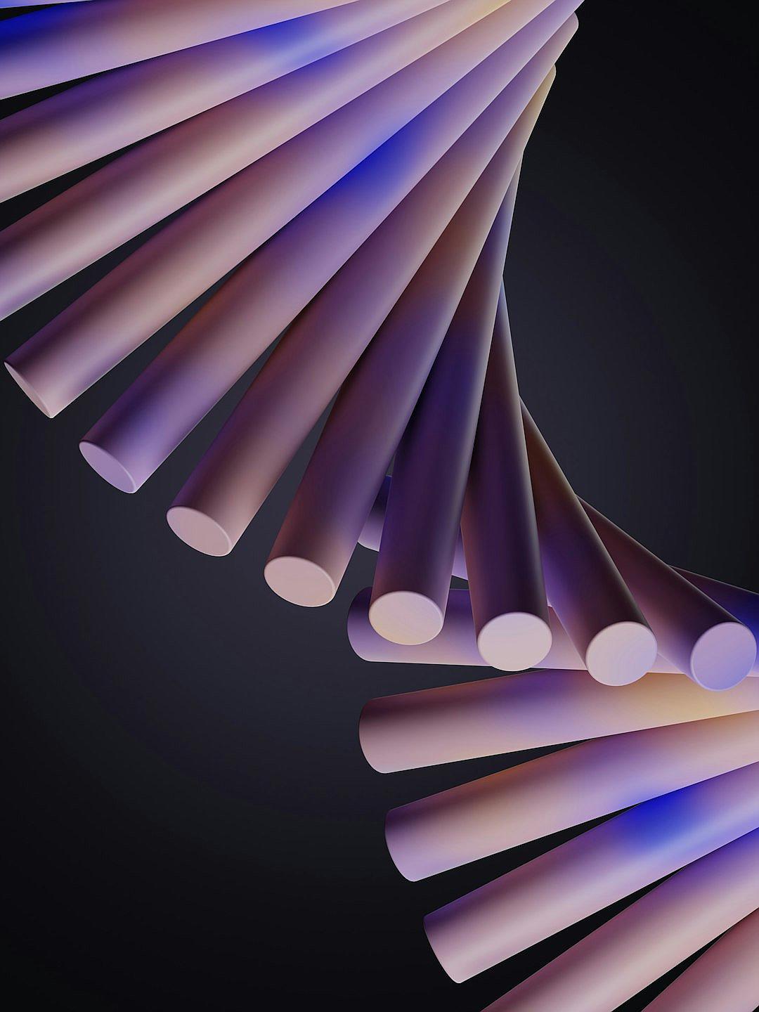 A set of curved tubes, arranged in an illusionistic spiral pattern with light purple and dark blue gradient colors on the outside, placed against a black background. The composition is viewed from above at eye level, creating a sense of depth. This artistic rendering captures the beauty and complexity of these curved pipes through soft lighting and shadows. It is a visually stunning display that emphasizes form and color in a unique way, in the style of an abstract artist.