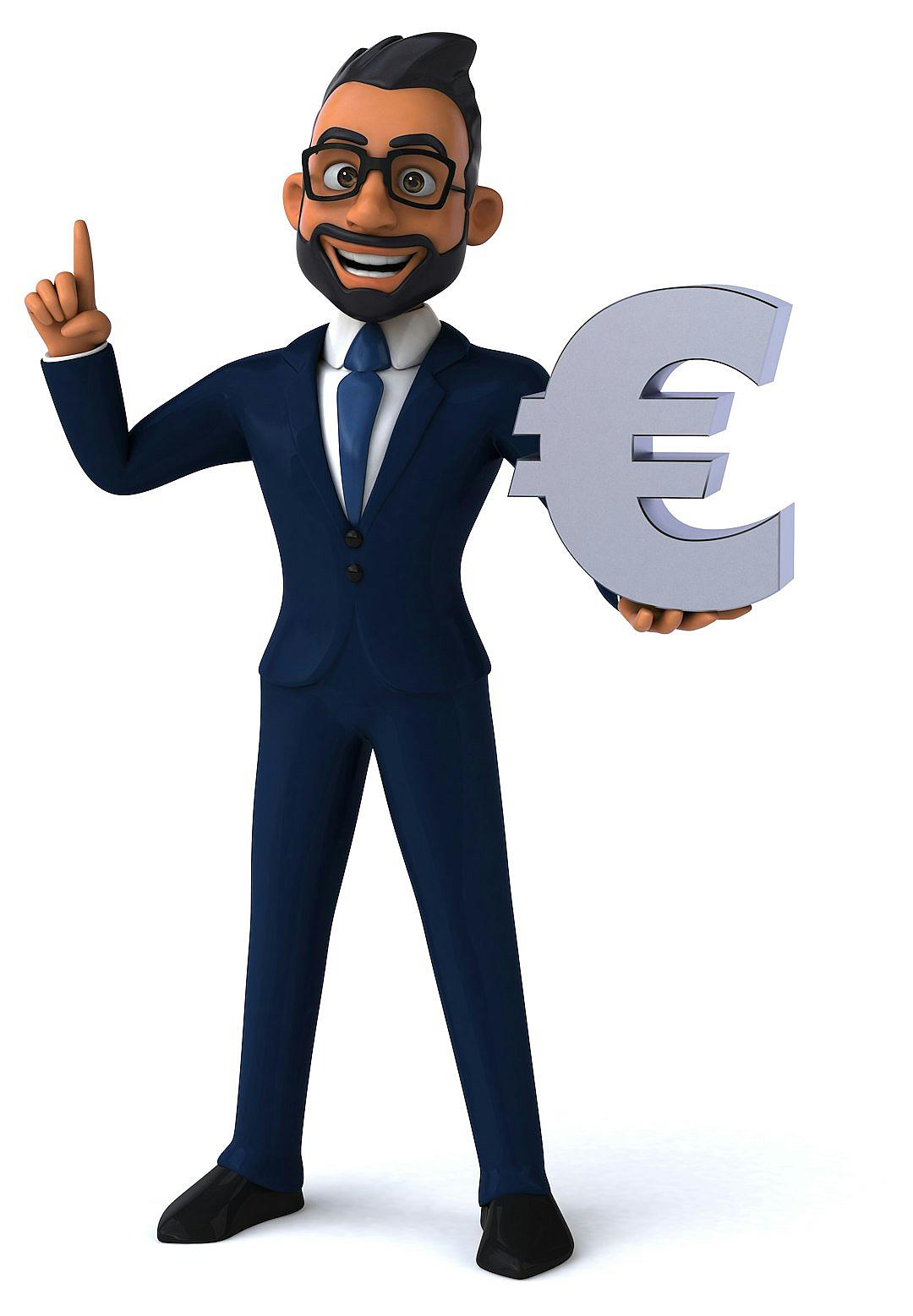 3D cartoon, happy handsome Indian businessman holding the large European currency sign in the style of Pixar style animation character design, white background.