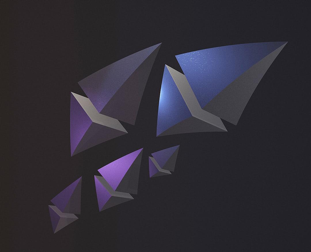 a minimal black background with purple and blue triangles, a dark gray background, low angle shot, paper cutouts, origami, geometric shapes