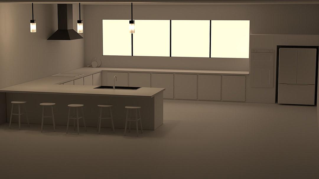 3D rendering of a white kitchen with an island and barstools. In the center there is an empty space for product placement. The room has no windows, it’s dark. There should be light from lamps hanging on the ceiling. On one side there will also be cabinets without doors. At each end of the counter we see a door to the refrigerator.