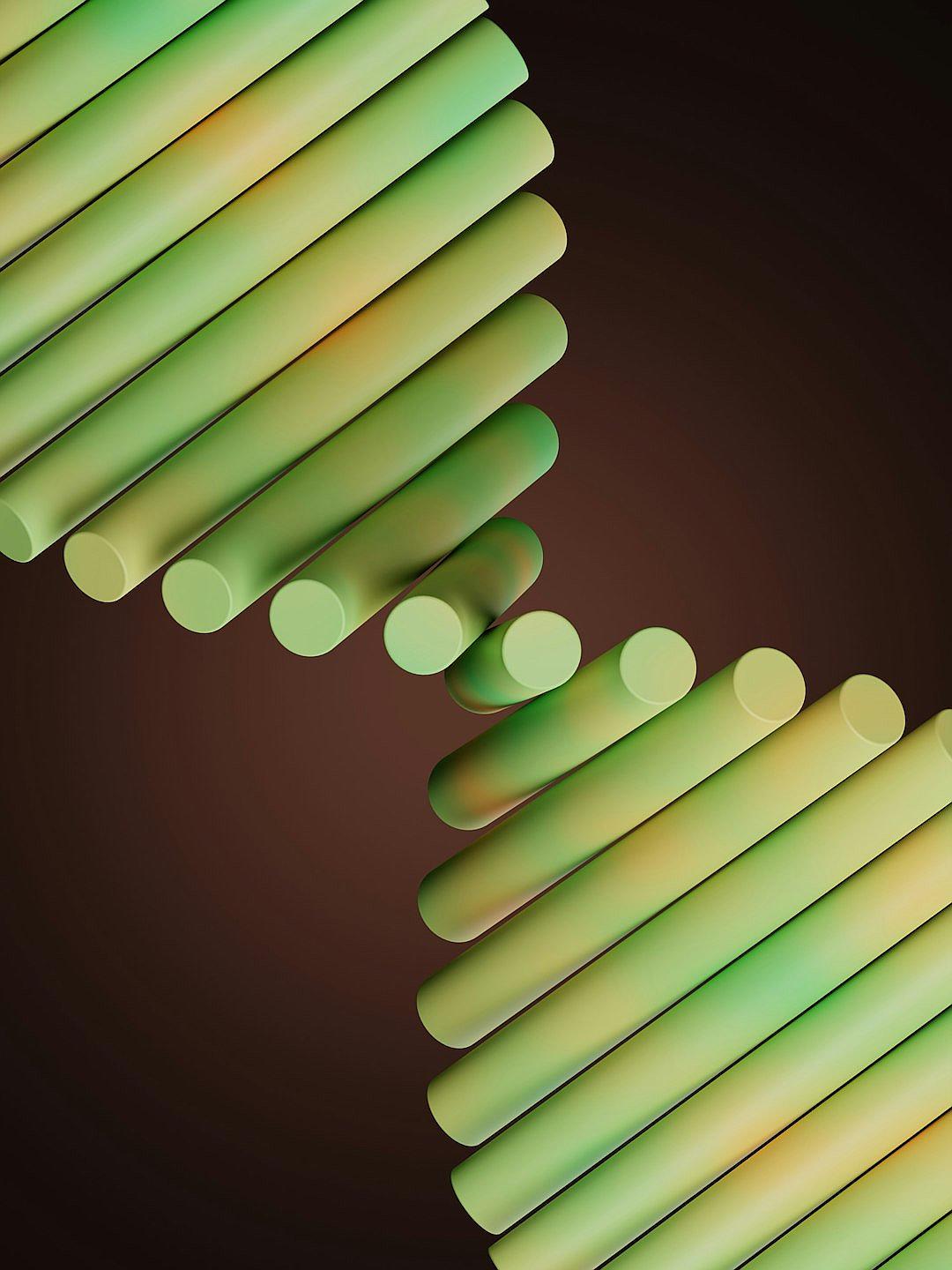 A series of green and yellow gradient vertical tubes, with each tube made up of multiple layers, arranged in an overhead perspective. The background is dark brown. High contrast color scheme, high saturation, strong light and shadow effects, three-dimensional sense, futuristic style, and modern feel. In the style of rendered in cinema4d, soft gradients, honeycore.