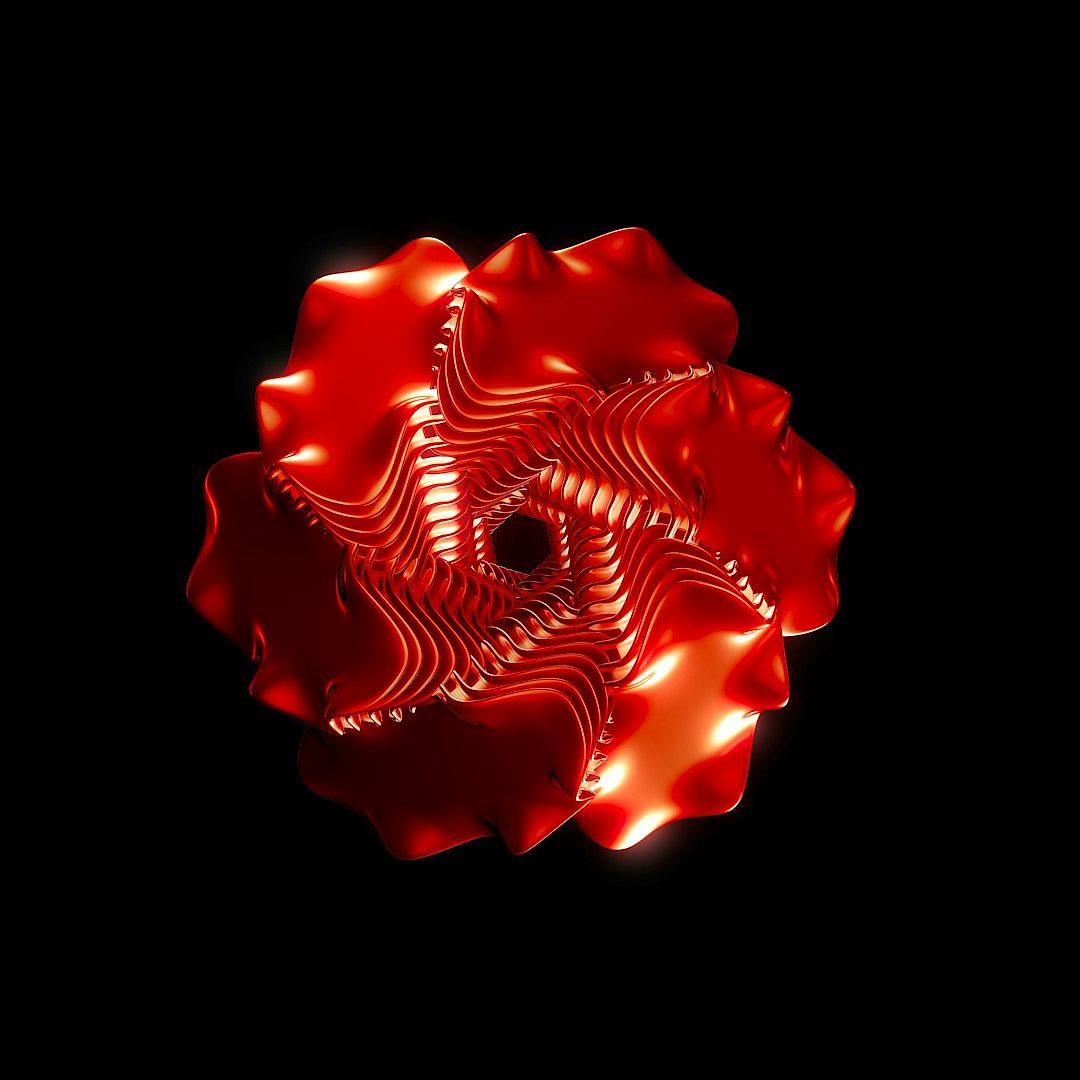 A red flower-shaped metal object, 3D rendering, symmetrical composition, on a black background, with volumetric lighting and glow effects. The texture of the surface is glossy, creating an illusion that it is floating in space.