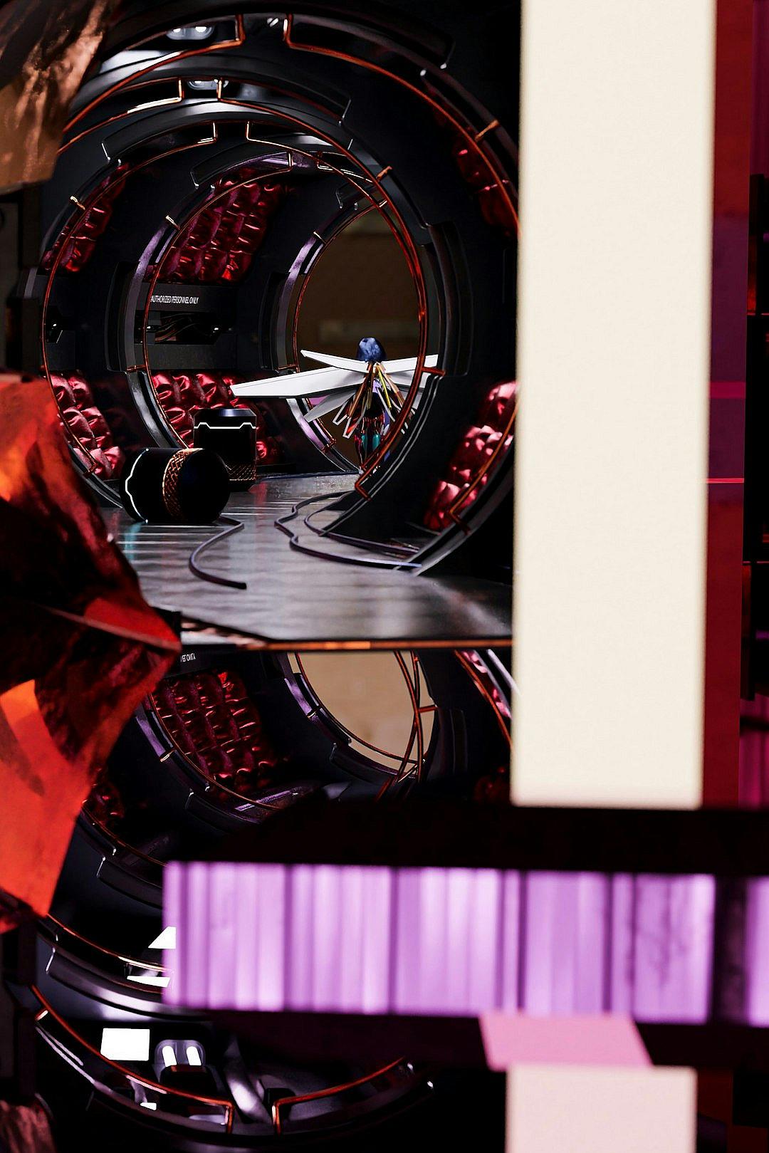 A closeup of the hyperrealistic mirror reflects multiple reflections and a futuristic space station in purple tones with red details, creating an immersive scene. The central focus is on two characters engaged in conversation within a circular room made from metal beams and glass panels. A black tube camera box adds depth to the composition, enhancing realism. In a studio setting, soft lighting creates gentle shadows around the figures in the style of a hyperrealistic artist.