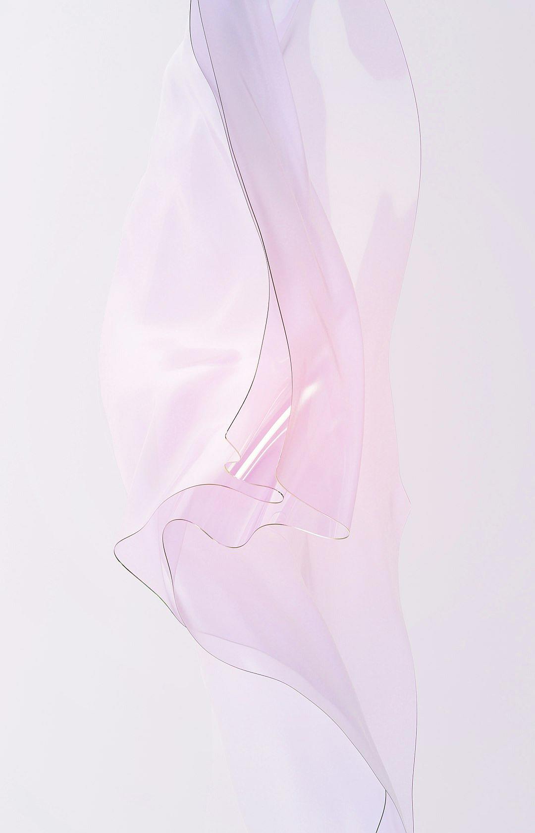 A light pink scarf floating in the air against a white background, with a light gray and dark purple style, in an ethereal illustration. The transparent and translucent medium gives a Y2K aesthetic with a minimalist sculptural form and graceful curves. Semitransparent materials are used with high definition photography in a minimalist abstract style on a white background. Delicate silk fabric is depicted. The scarf is light pink with subtle details, a simple design, soft edges, and high resolution. It features an elegant woman’s body shape in high detail.