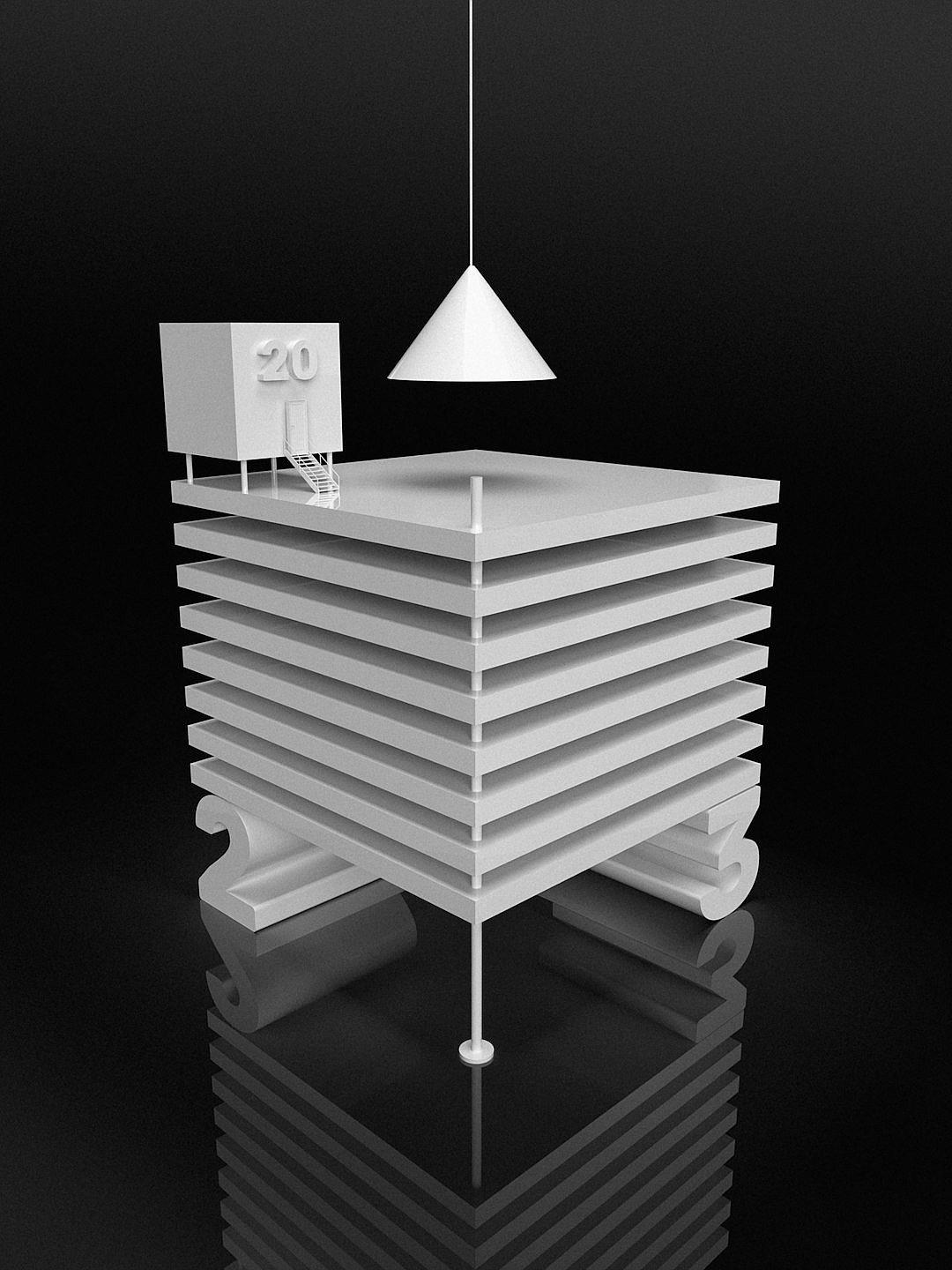 A black and white 3D render of an office desk with the number “20” on top, in the style of [Peter Zumthor](https://goo.gl/search?artist%20Peter%20Zumthor) in a minimalistic style. The table is made from stacked panels that form rows and columns. It has a lamp hanging above it. There is also a sign attached to one side.