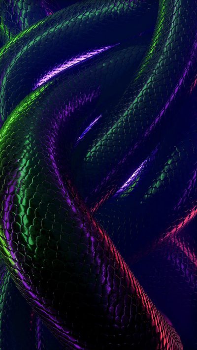 A dark background with neon green, purple and blue snakes coiling around each other. The scales of the snakes shimmer in iridescent colors. In the style of digital art.