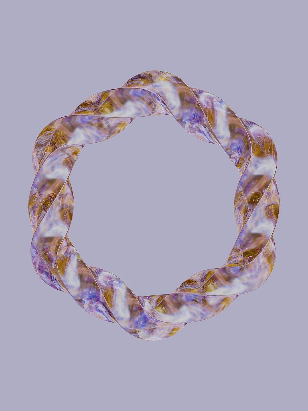 A realistic circular braid made of glass in light purple and gold colors, on a flat background, in the style of digital art.