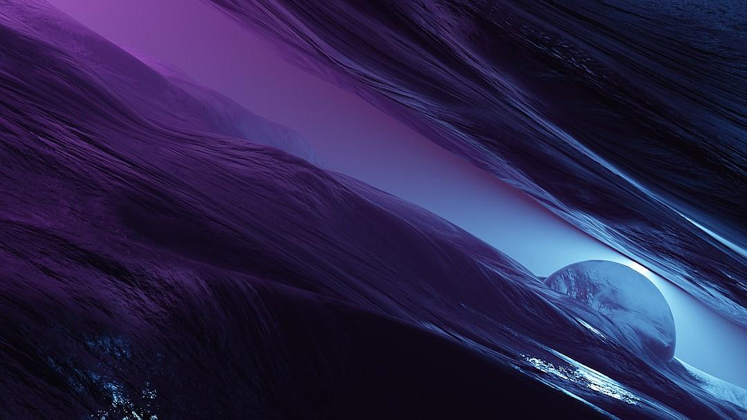 abstract wallpaper, dark purple and blue tones, planet in the distance, flowing forms, fluid lines, sharp edges, octane render, cinema4d, low poly