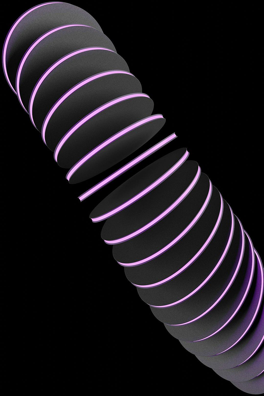 A black background with purple neon lights in the shape of an elongated spiral, representing artificial intelligence and technology. The light creates a sense of depth on the surface of each glowing band, giving it a three-dimensional appearance. This design is suitable for use as a graphic element or logo in digital art, showcasing modernity and futuristic elements in the style of technology.