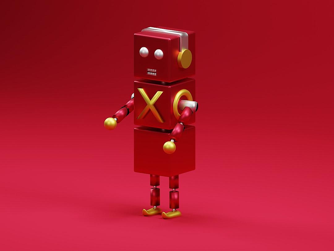 3D rendering of a red cute robot holding the golden word “XO” created in C4d with a solid color background in a minimalist style resembling cartoon character designs like those found in popmart blind box toys. The robot is shown in a full body shot with studio lighting and super detail against a solid color background rendered at a high resolution of 2K using octane render. The design is clean and simple.