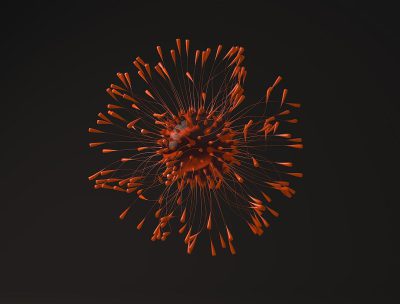 A fireworks design made of red and orange material, 3D modeled with C4D and rendered in the style of Octane rendering, on a black background. It is a simple shape that forms an abstract form. The surface has some lines, which give it a three-dimensional feeling. In the center there will be several pieces of thin metal wire that have been connected together to create sparks. They should not take up too much space. Add details or shadows for a depth effect.