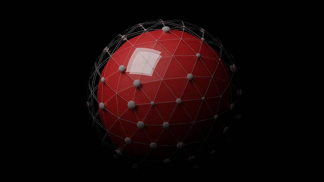 A red sphere with white dots and thin lines, 3D rendered in the style of a minimalist style with a low poly model mesh grid at a high resolution, high detail, hyper quality, high definition, high frame rate with a 2K resolution, high contrast, high dynamic range with ambient occlusion and volumetric lighting rendered with octane.