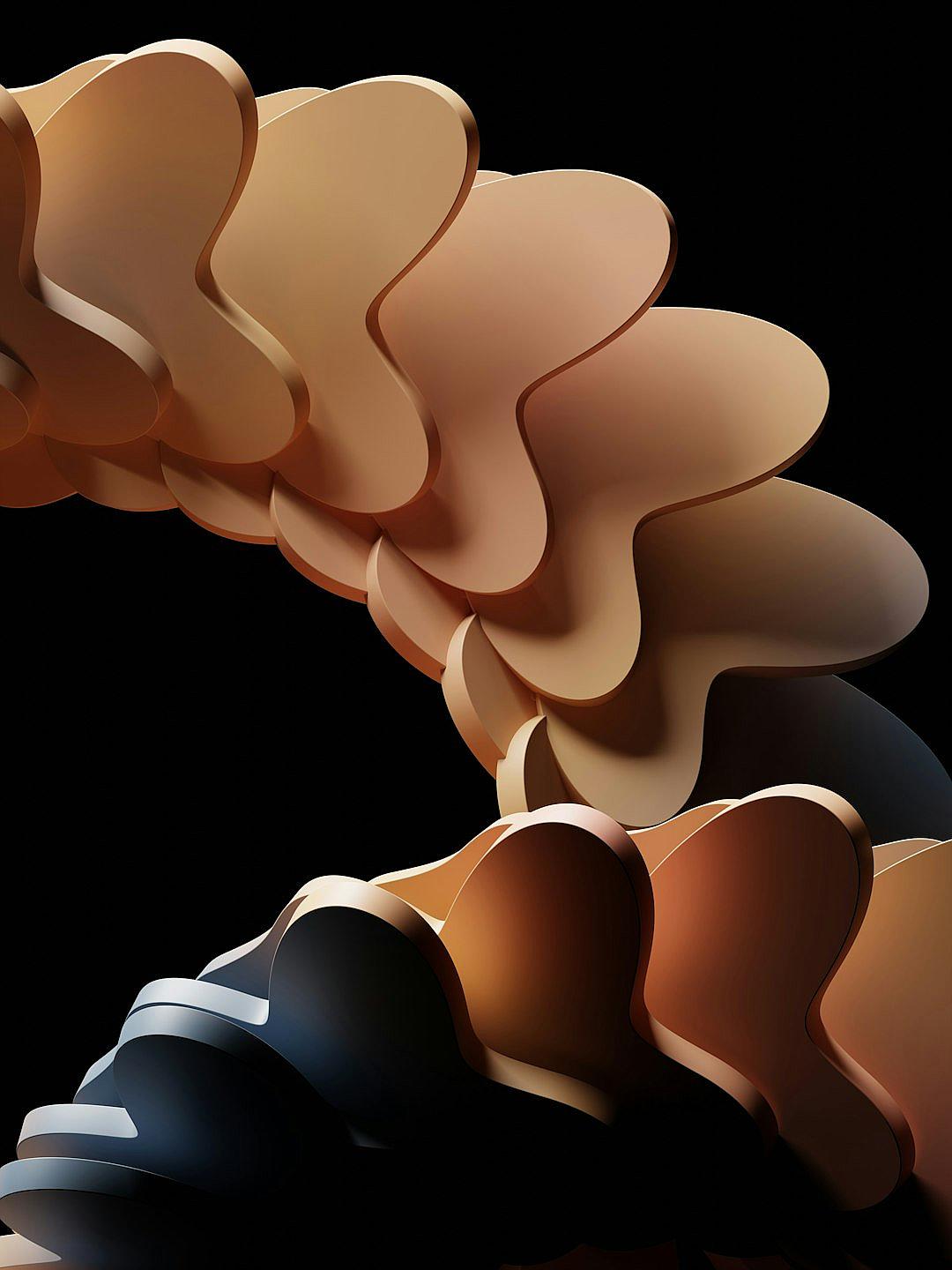 A 3D render of an abstract cloud design, composed with smooth curves and organic shapes in earthy tones like browns, oranges, and greys, set against a black background to highlight the soft textures and fluidity of its form. The composition is a three-quarter view that captures both side profile and front views of each shape. This rendering creates depth through the interplay between light and shadow on different parts of the clouds.