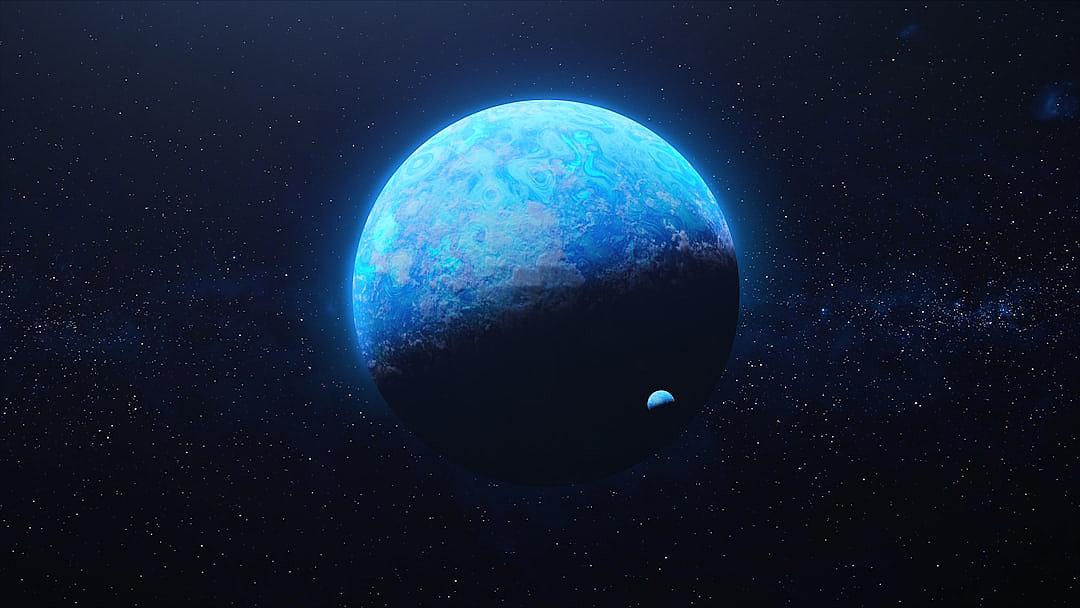 a blue planet with an moon in space, concept art by Pixar and Disney