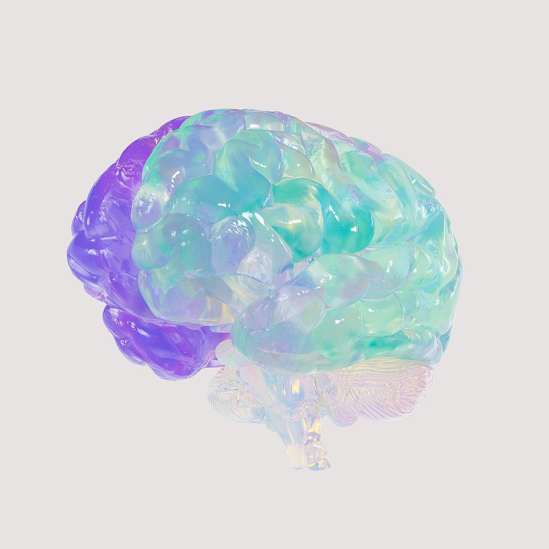 A digital rendering of an isolated brain made from iridescent plastic, featuring soft pastel colors like lavender and mint green, with subtle light reflections on the surface. The plain white background highlights the subject.