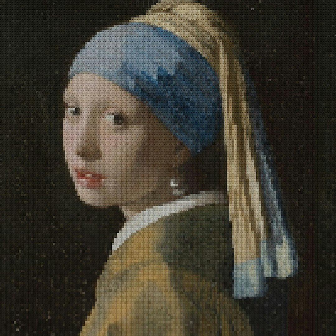 A pixel art version of the girl with pearl earring in the style of Vermeer, close up