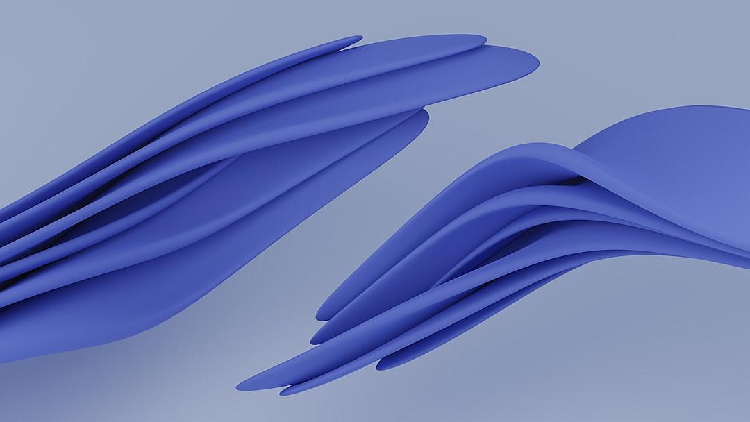 Blue clay paper wings, simple and smooth lines, blue background, 3D rendering, C4d, blender, OC renderer, high detail ,