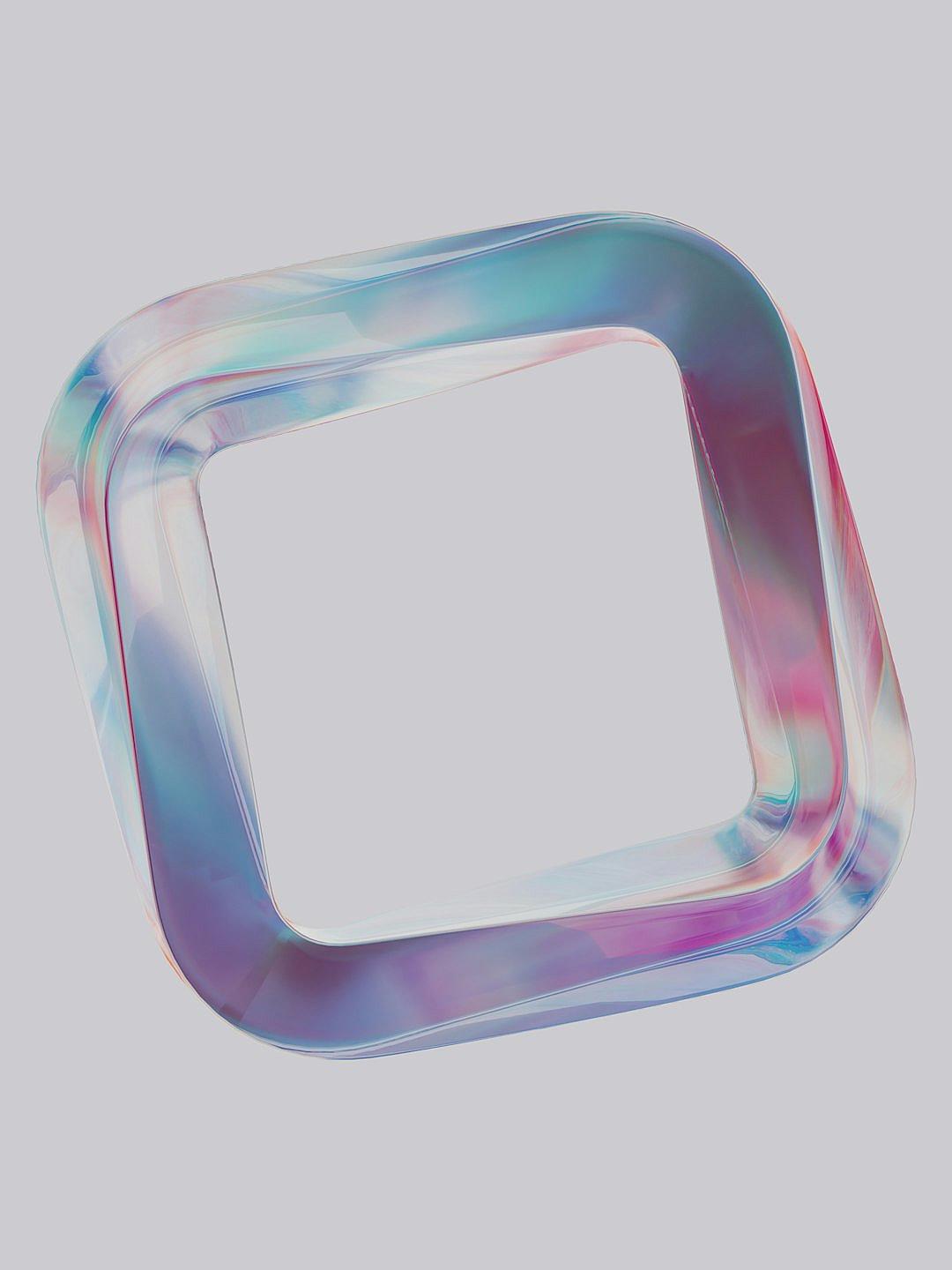 A square frame made of plastic with rounded edges on a white background with a colorful gradient color in a high resolution product design style with a futuristic technology sense rendered in C4D with studio lighting for a high contrast of bright colors and holographic effects.