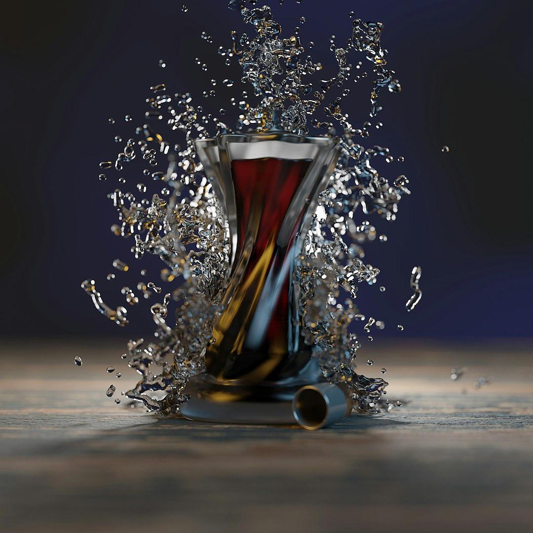 3D render of a Turkish tea glass, filled with a dark red liquid, tilted on the ground and splashing from it is a small magical spiral made out of water drops against a blue background with studio lighting for product photography. The spiral is in the style of a magical effect.