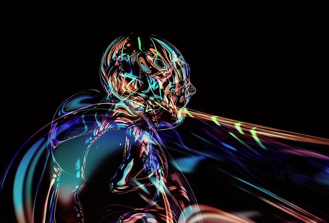 A digital artwork depicts an abstract, futuristic humanoid figure with neon lines and curves on its body against a black background. The colors flow from the head to bottom in vibrant hues like blue, green, purple, red, and orange, creating dynamic patterns that suggest movement and energy. It is depicted as being entangled in the style of multiple colorful streams or ribbons that add depth and dimension to the composition. This scene evokes a sense of mystery and futurism.