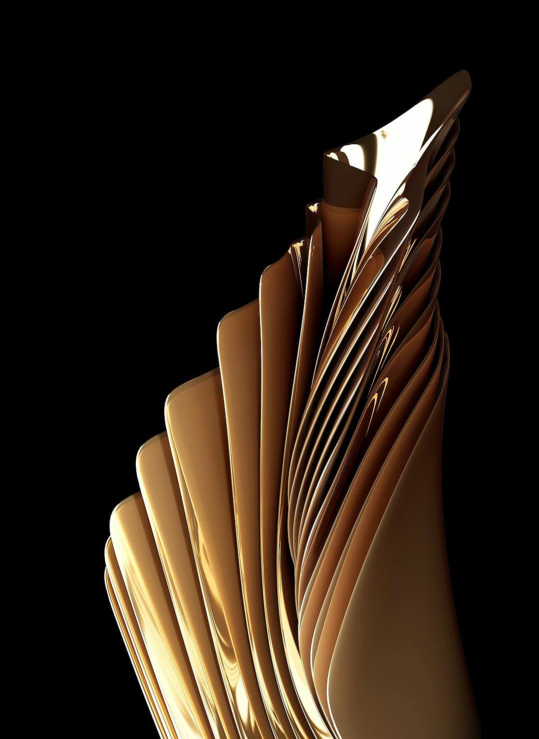 3D render of an abstract sculpture made from golden paper, resembling the wings and feathers of birds or animals, with soft shadows on a black background, closeup view, highlighting its elegant curves and natural forms, emphasizing texture and depth, with a focus on light reflections to enhance its three-dimensional appearance.