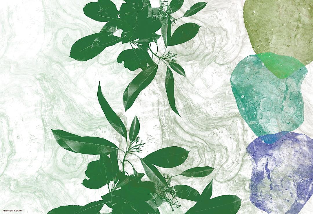 A botanical illustration of green leaves and plants, on top of an abstract background with soft pastel colors, including shades of blue, purple, mint green, and white marble patterns. The minimalistic yet detailed design features delicate brush strokes that give the leaves texture and depth. In place of flowers there will be a mix of natural elements such as branches or vines intertwined in some parts of the composition. This artwork embodies tranquility and nature’s beauty in the style of natural elements.