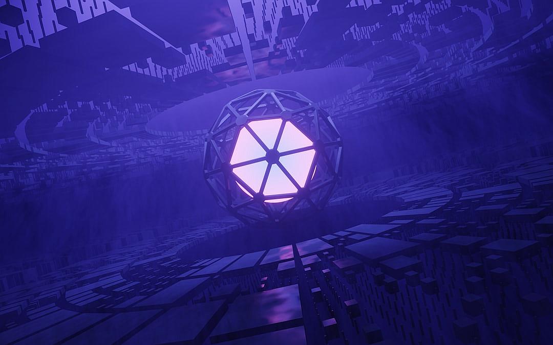 A geometric purple light emanates from the center of an octagonal sphere floating in space. The surrounding environment is dark and mysterious with scattered cubes creating patterns on all sides. In the background there is a grid of numbers in the style of Dataism.