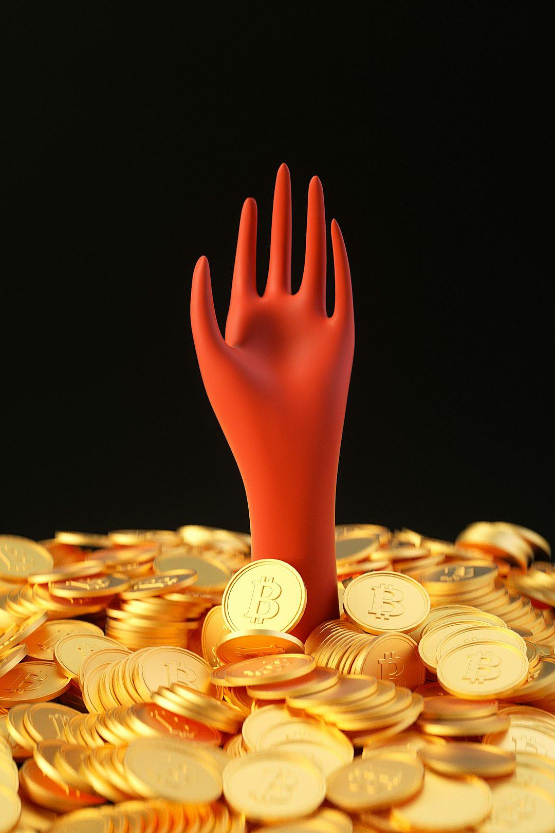 3D cartoon, a red hand sticking out of a pile of gold coins with bitcoin on it, in the style of Pixar, on a black background, with a simple design and space around the body.