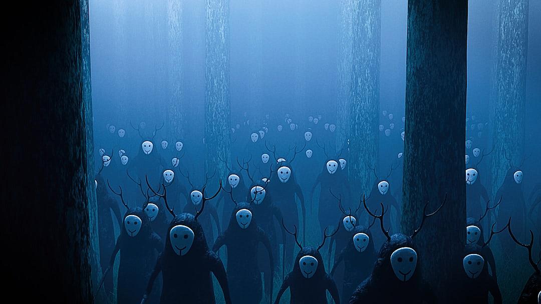 A large group of faceless white masked humanoids with antlers walking through the blue foggy forest in the style of Peter Jackson.