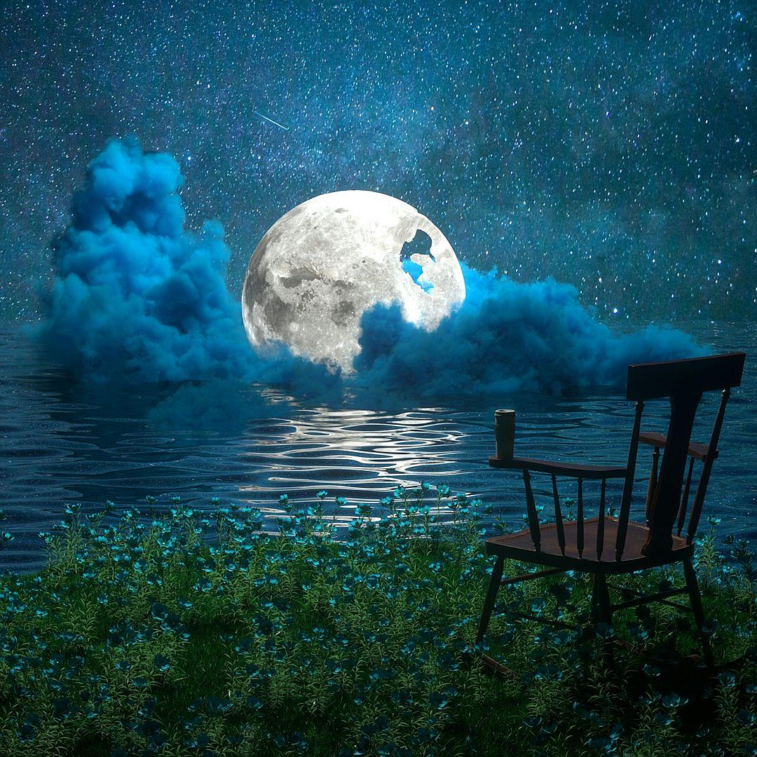 A blue cloud floats over the moon, a wooden chair stands on grass near water and coffee is in front of it, night sky with stars, hyper realistic photo