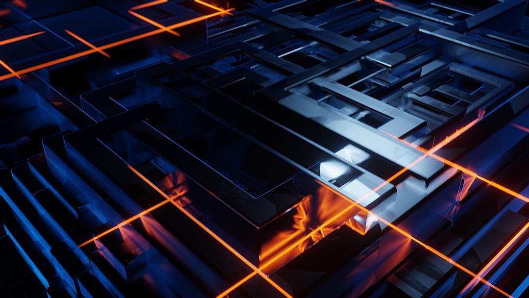 A top-down view of an abstract, geometric labyrinth with glowing lines and shapes representing digital data flow paths. In the center is one large cube or box. The background has dark blue tones to contrast against orange light rays emanating from within the maze. This scene symbolizes complex emotions like inner purgatory and self-discovery in the style of a super realistic, cinematic style.