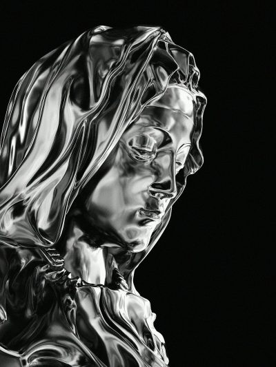 hyper realistic black and white photo of abstract metallic liquid sculpture in the shape of Mary, mother of Jesus with dark background