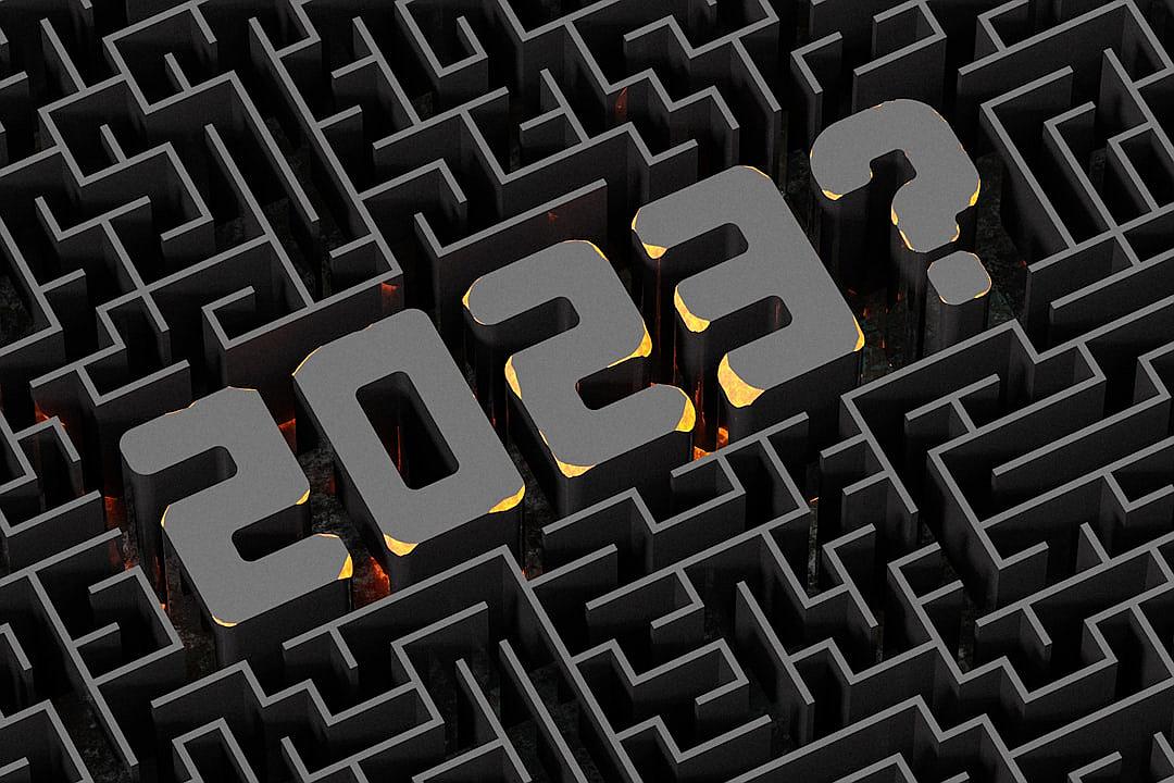 text “2023?” written in gray numbers on black maze background, 4d render