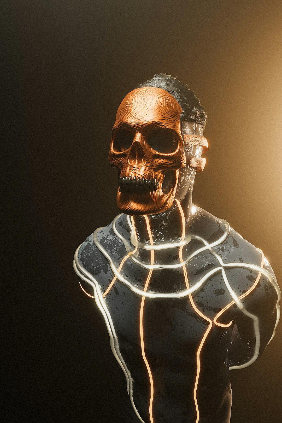 A black man with an orange skull mask made of light, wearing a white and gold metallic bodysuit in the style of Tron with glowing wire details, dark background, cinematic lights, hyper realistic oil painting in the styles of Royo and [Greg Rutkowski](https://goo.gl/search?artist%20Greg%20Rutkowski).