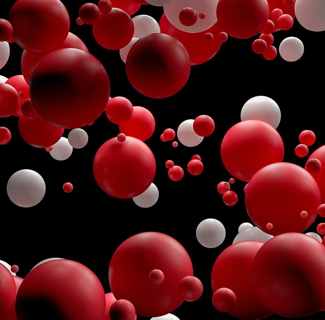 3D rendering of red and white spheres floating on a black background. Abstract illustration in the style of graphic design for an advertising banner with copy space. Stock photo, high resolution, clear sharp focus, hyper realistic.