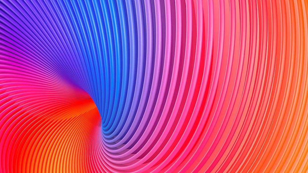 Abstract background with colorful lines in a spiral shape, a modern gradient of colors red, blue, purple and orange, in the style of vector illustration, in the style of 3d rendering.