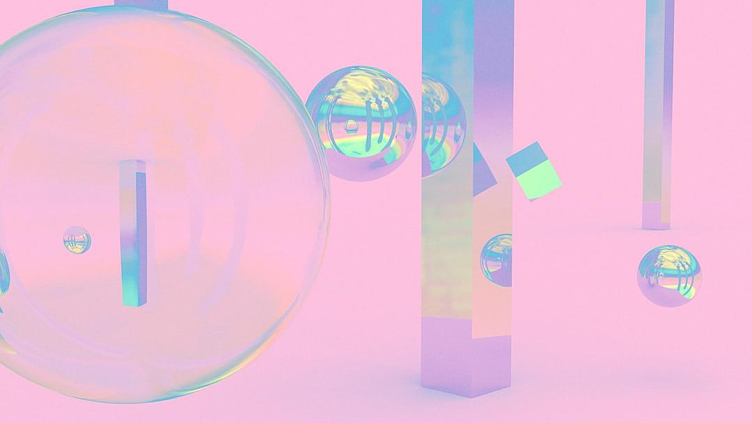 A pink background with floating geometric shapes and holographic elements. The central focus is on three large, round glass spheres that reflect the surrounding environment in iridescent colors. In front of them stand two rectangular objects made from glossy materials, creating an abstract composition. This scene captures the essence of futuristic design and technology. It has soft lighting to highlight the reflective qualities of each object against the pastel backdrop.