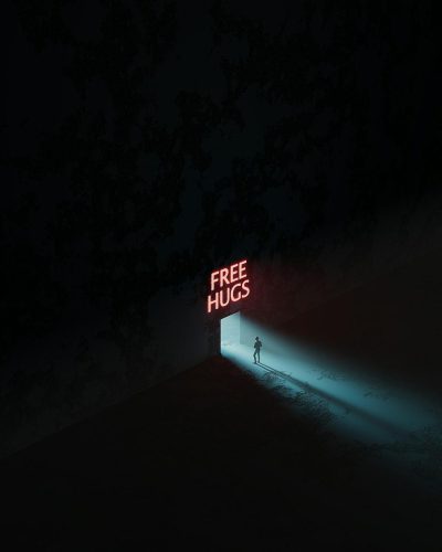 A dark room with light shining from an opening, in which there is an open door and a neon sign that says "A Moment of Free Hugs". A person stands near it. The background shows trees and sky at night. Minimalist and cinematic style with a dark atmosphere and contrast between light and shadow, in the style of hyper realistic and super detailed photography with sharp focus, as if taken with a professional camera.