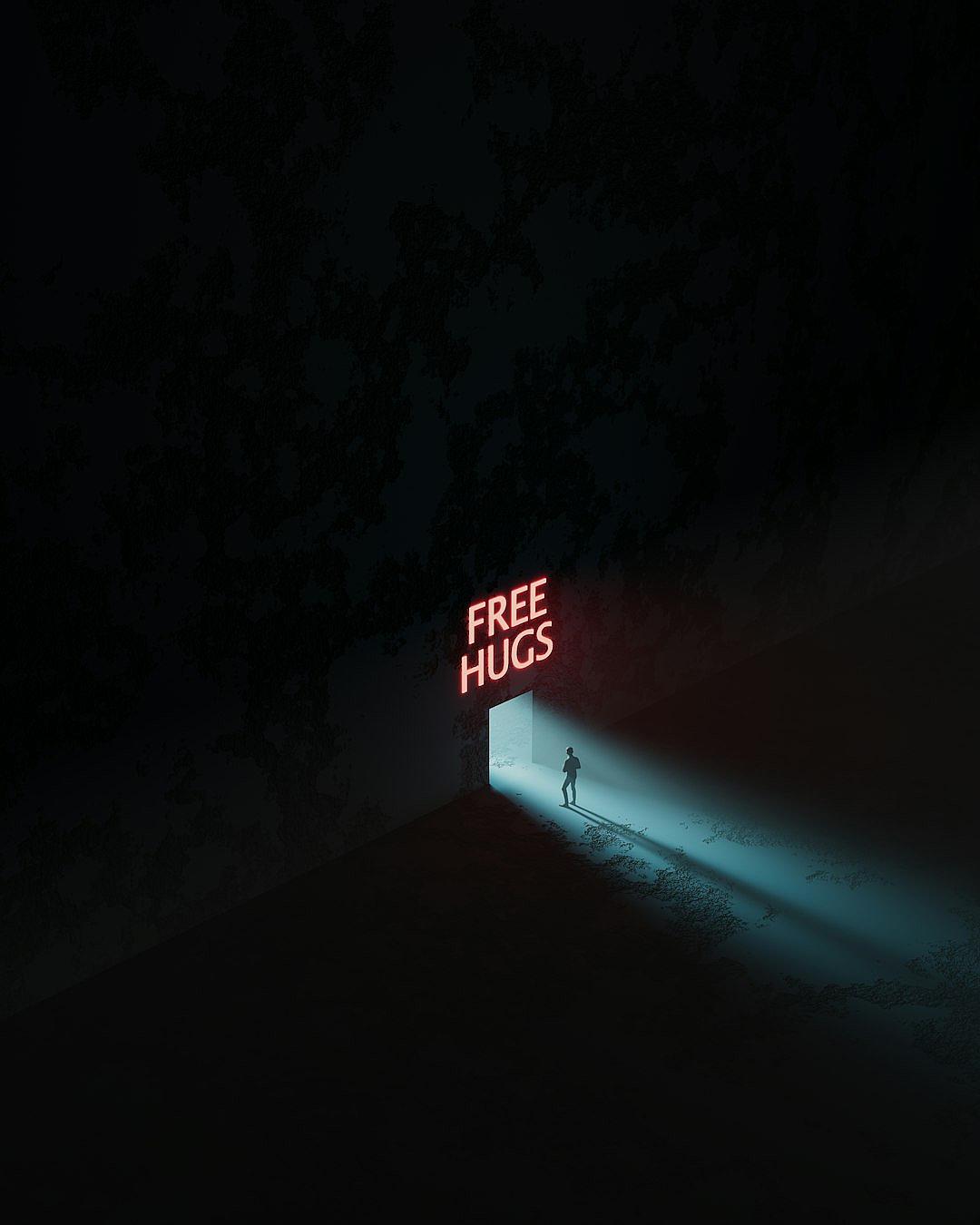 A dark room with light shining from an opening, in which there is an open door and a neon sign that says “A Moment of Free Hugs”. A person stands near it. The background shows trees and sky at night. Minimalist and cinematic style with a dark atmosphere and contrast between light and shadow, in the style of hyper realistic and super detailed photography with sharp focus, as if taken with a professional camera.