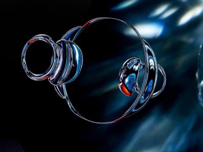 A close up of two silver rings floating in the air, forming an abstract bubble-like shape with a dark blue background. A colorful Möbius strip with glassy translucency, light reflection and refraction effects. Macro photography in a surrealistic style with a black background and y2k aesthetic. Glass art in the style of [David LaChapelle](https://goo.gl/search?artist%20David%20LaChapelle).