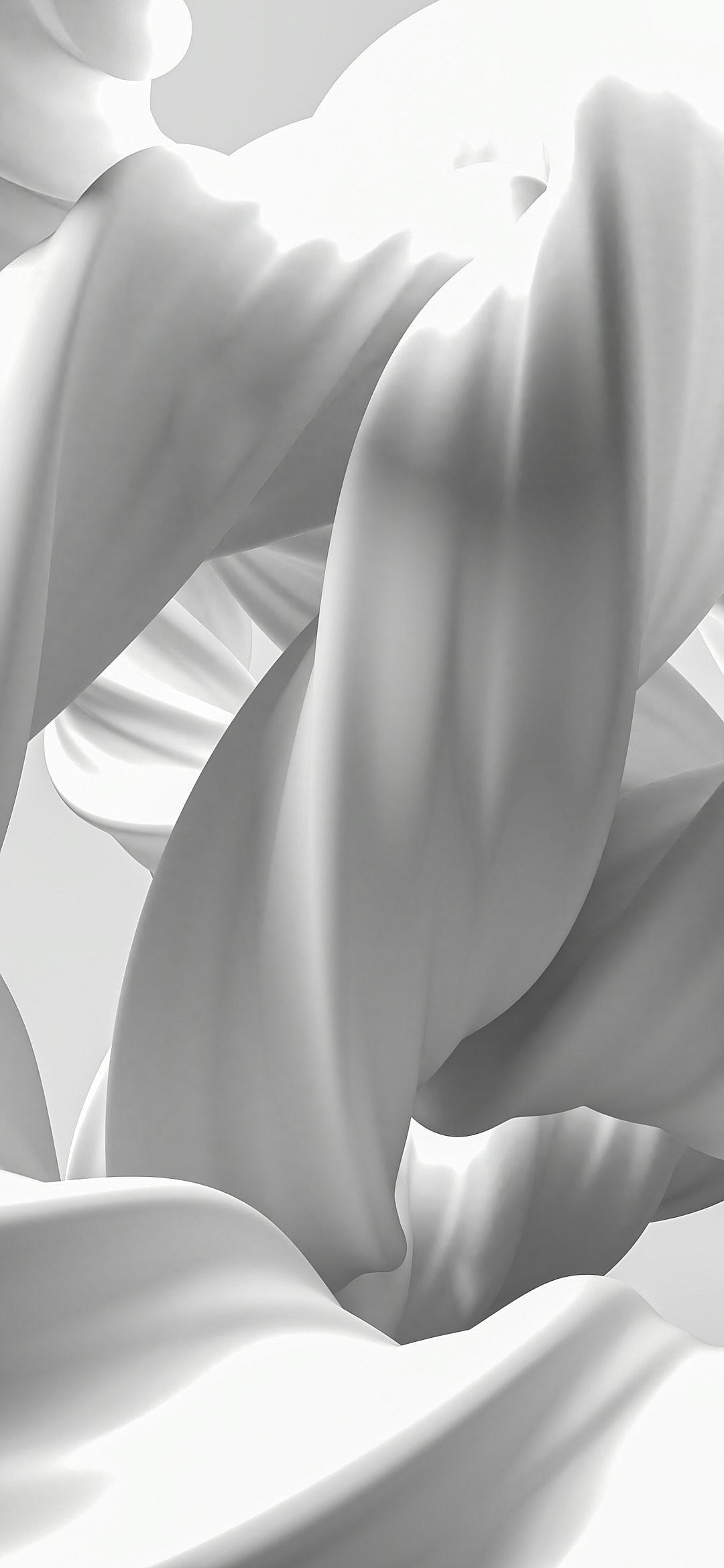 White silk fabric floating in the air, soft edges and blurred details, rendered in the style of cinema4d, monochrome background, abstract art installation, fluid organic shapes, high resolution, closeup detail