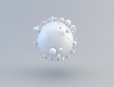 3D render of a white sphere with spheres on it, floating in air in a minimalistic style against a white background, photographed with a 50 mm lens in soft light.