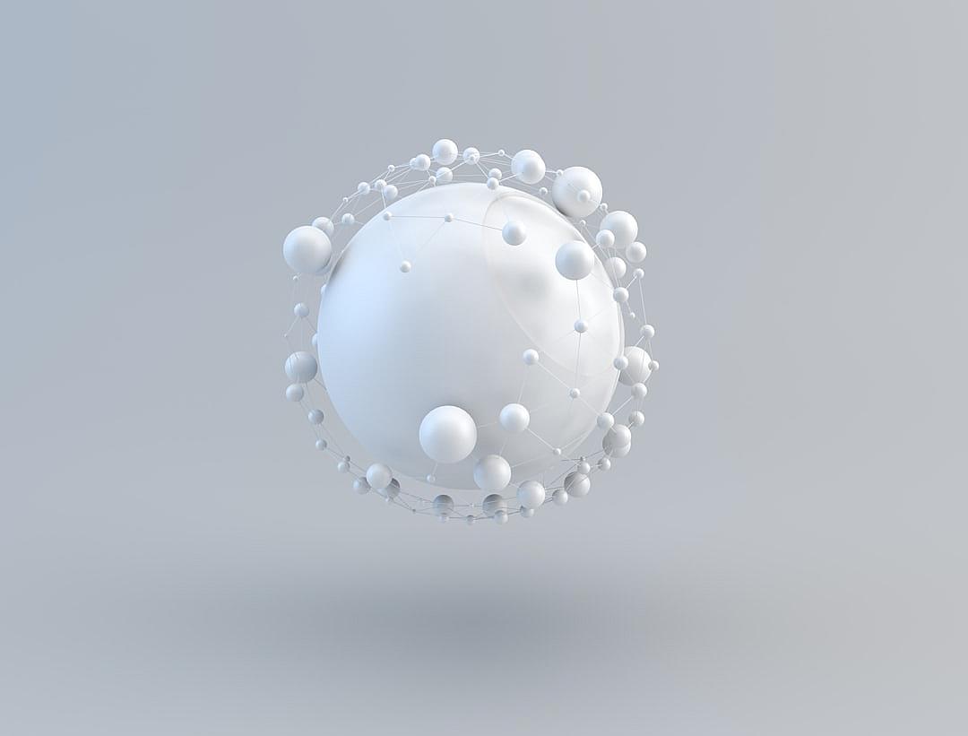 3D render of a white sphere with spheres on it, floating in air in a minimalistic style against a white background, photographed with a 50 mm lens in soft light.