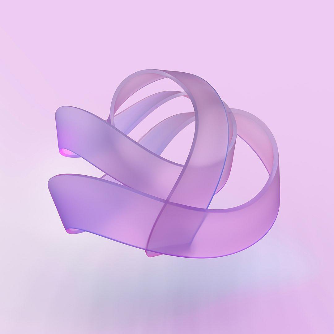 3D rendering of a ribbon in a light purple and pink gradient floating on a solid background. The ribbon is made from glass, with a smooth surface that reflects the surrounding environment. It has an elegant shape with soft edges and curves, giving it a sense of movement or fluidity. This design adds a touch of sophistication to any composition in the style of the surrounding environment.