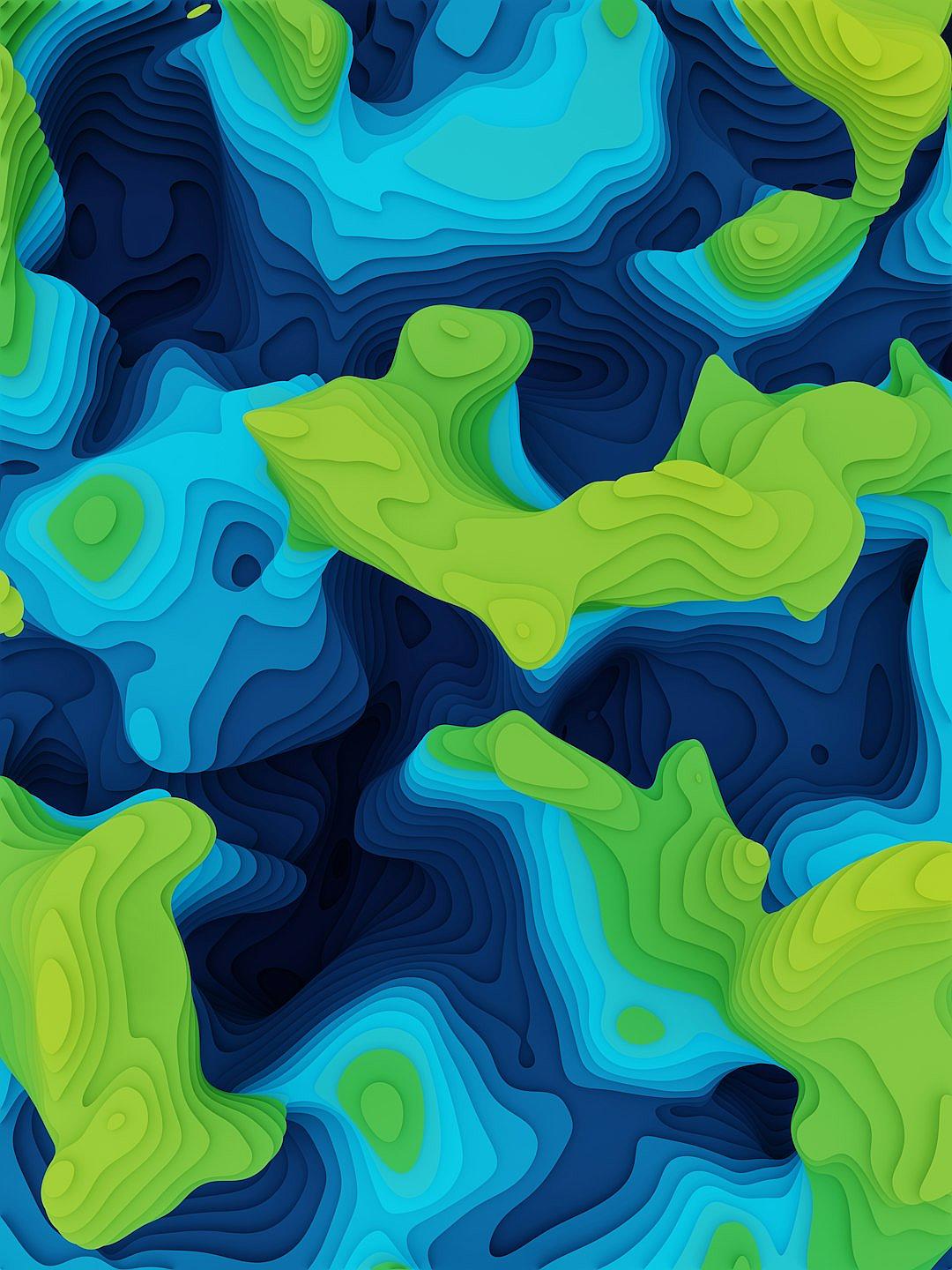 topographic map, flat design, blue and green tones, 3D shapes, simple lines, high contrast, seamless pattern, in the style of simple lines.